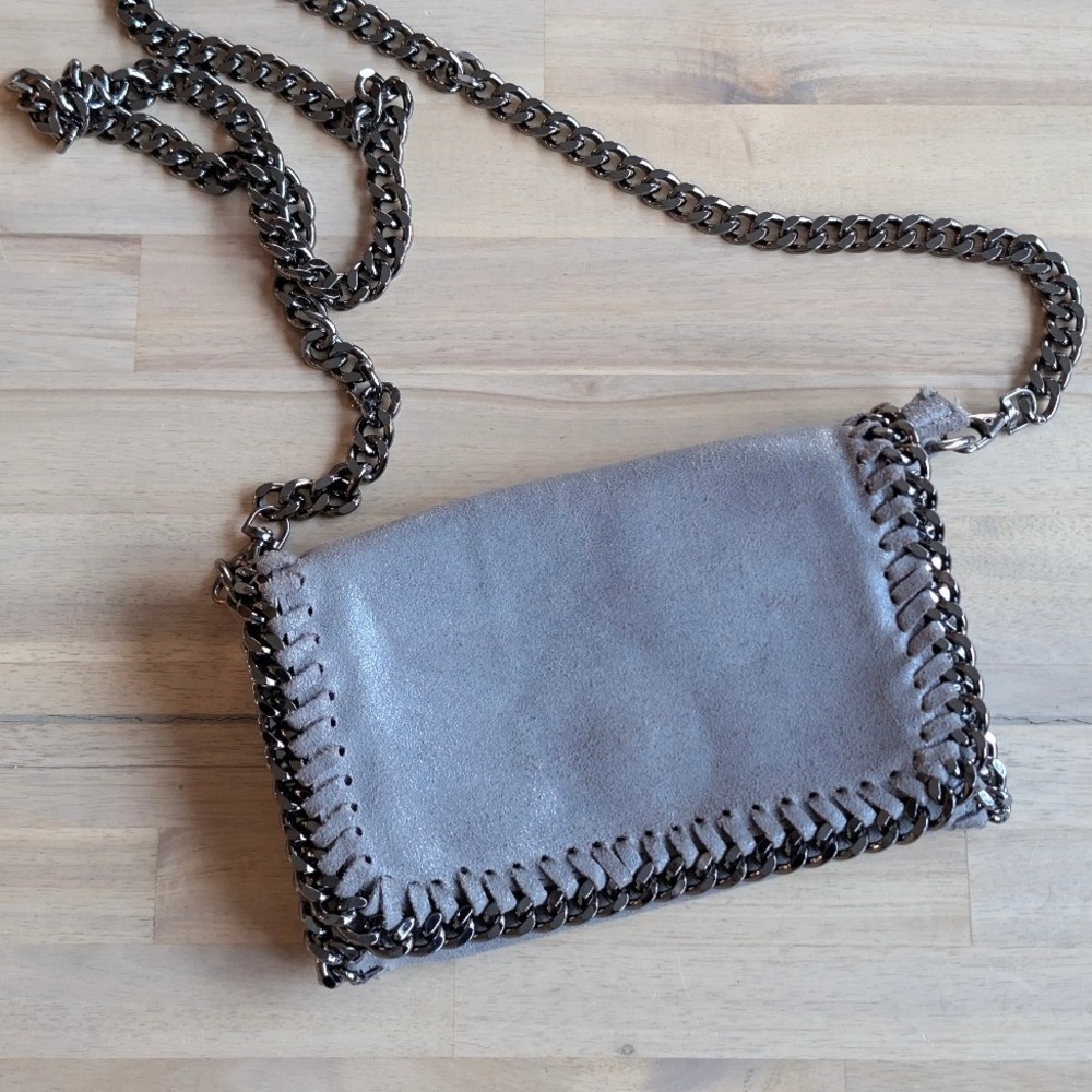 Borse in Pelle Gray‎ Leather Chain Trim Detail Crossbody Bag